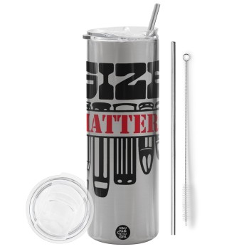 Size matters, Tumbler ποτήρι θερμό Ασημένιο από ανοξείδωτο ατσάλι 600ml, με μεταλλικό καλαμάκι & βούρτσα καθαρισμού