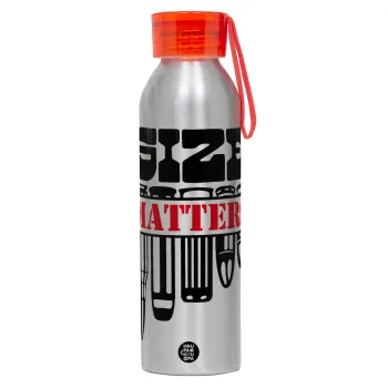Size matters, Aluminum Sports Bottle 650ml – Silver with Red Cap and Silicone Strap
