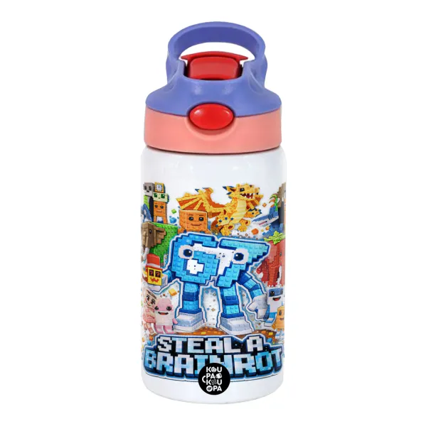 Steal a Brainrot Six Seven — Children's hot water bottle, stainless steel, with safety straw, pink/purple (350ml)
