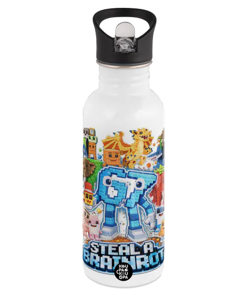 Steal a Brainrot Six Seven — White water bottle with straw, stainless steel 600ml