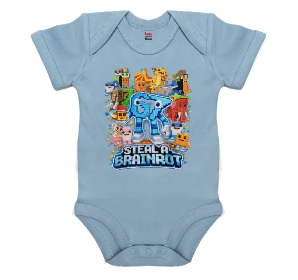 Steal a Brainrot Six Seven — Short-sleeve baby bodysuit, 0-18 months, blue, 100% organic cotton