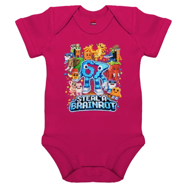 Steal a Brainrot Six Seven — Short-sleeve baby bodysuit, 0-18 months, PINK, 100% organic cotton