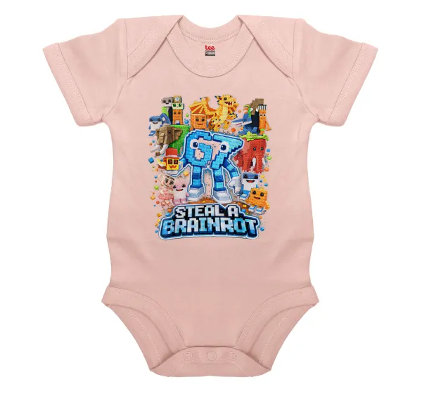 Steal a Brainrot Six Seven — Short-sleeve baby bodysuit, 0-18 months, POWDER PINK, 100% organic cotton