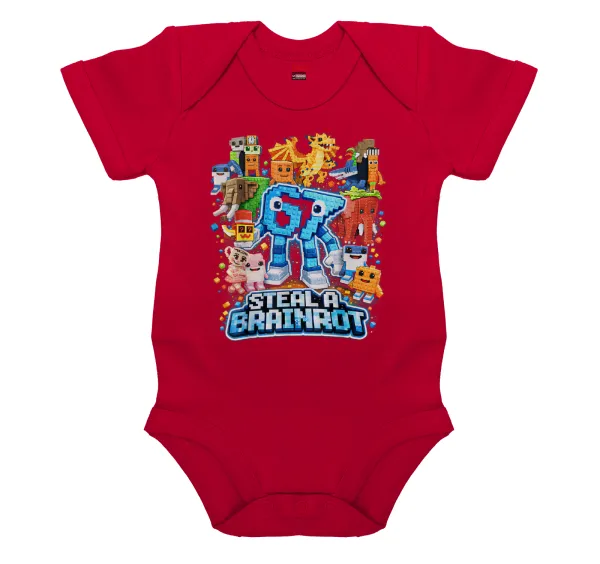 Steal a Brainrot Six Seven — Short-sleeve baby bodysuit, RED, 100% organic cotton