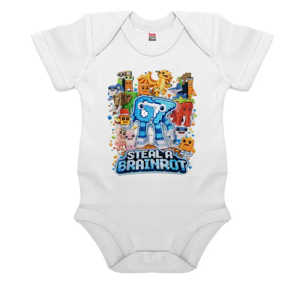 Steal a Brainrot Six Seven — Short-sleeve baby bodysuit, 0-24 months, WHITE, 100% organic cotton