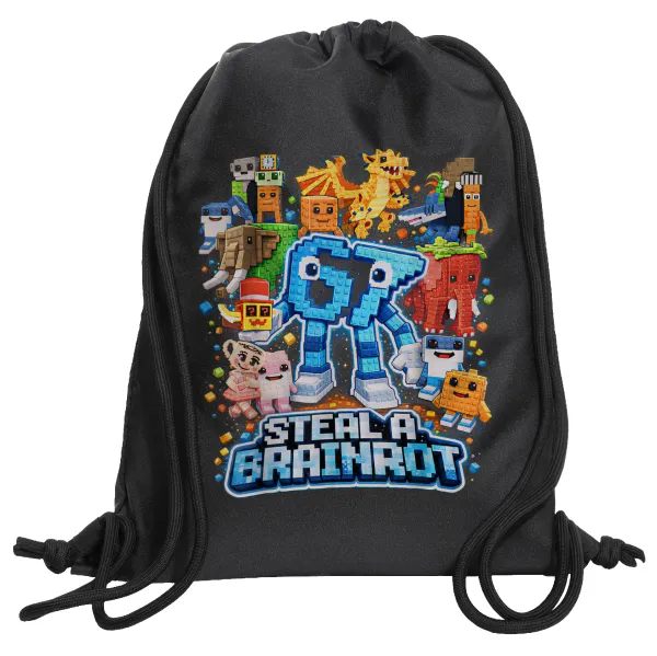 Steal a Brainrot Six Seven — Τσάντα πλάτης πουγκί GYMBAG Μαύρη, με τσέπη (40x48cm) & χονδρά κορδόνια