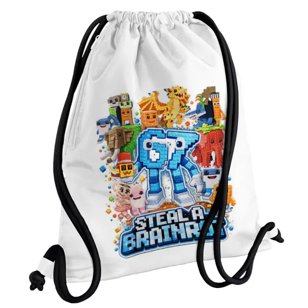 Steal a Brainrot Six Seven — Backpack pouch GYMBAG white, with pocket (40x48cm) & thick cords