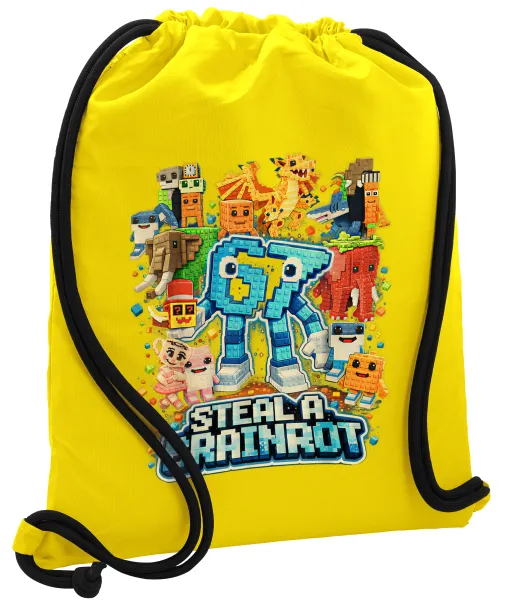 Steal a Brainrot Six Seven — Backpack pouch GYMBAG Yellow, with pocket (40x48cm) & thick cords