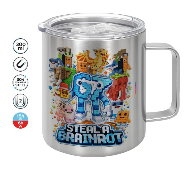 Steal a Brainrot Six Seven — Double-walled stainless steel mug 300ml with temperature-retaining lid