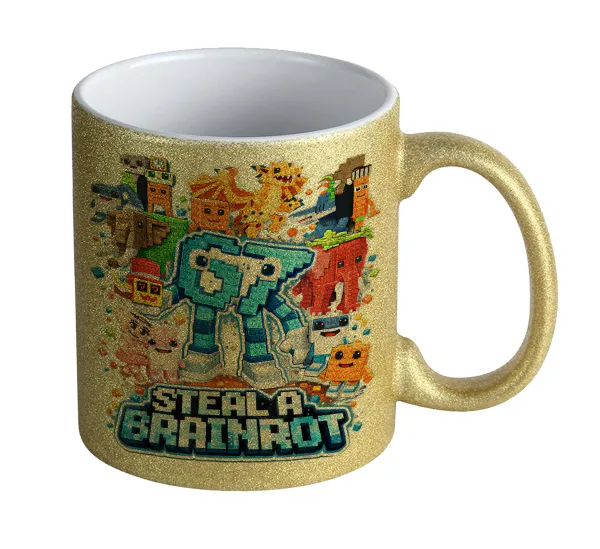 Steal a Brainrot Six Seven — Gold glitter mug that sparkles, ceramic, 330ml