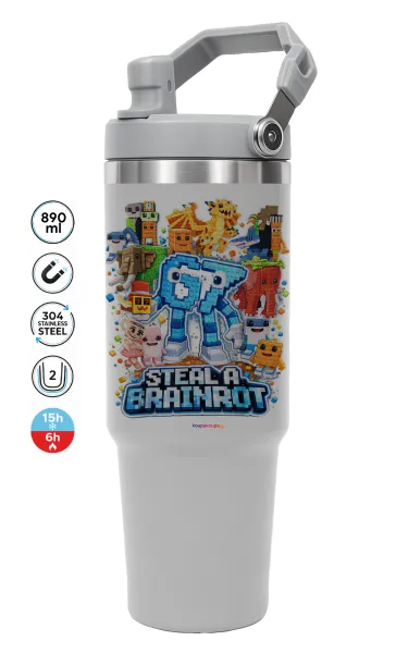 Steal a Brainrot Six Seven — GREY Travel Tumbler with Handle 890ml