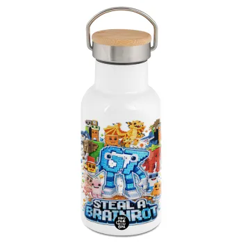 Steal a Brainrot Six Seven, Μεταλλικό παγούρι θερμός (Stainless steel) Λευκό με ξύλινο καπακι (bamboo), διπλού τοιχώματος, 350ml