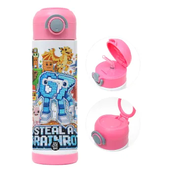 Steal a Brainrot Six Seven, Παιδικό παγούρι θερμό, ανοξείδωτο, με καλαμάκι ασφαλείας, ΡΟΖ (500ml)