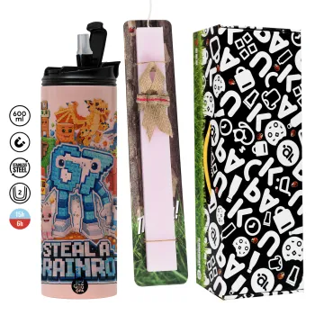Steal a Brainrot Six Seven, Easter candle,Travel Tumbler 2 Lids, with metal straw & cleaning brush & aromatic flat candle (30cm) (PINK)