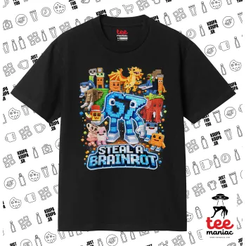 Steal a Brainrot Six Seven, Κλασικό T-Shirt, διπλής ραφής, χωρίς πλευρικές ραφές ΜΑΥΡΟ από 100% βαμβάκι. Vegan & OEKO-TEX πιστοποιημένο.