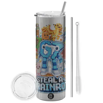Steal a Brainrot Six Seven, Tumbler ποτήρι θερμό Ασημένιο από ανοξείδωτο ατσάλι 600ml, με μεταλλικό καλαμάκι & βούρτσα καθαρισμού