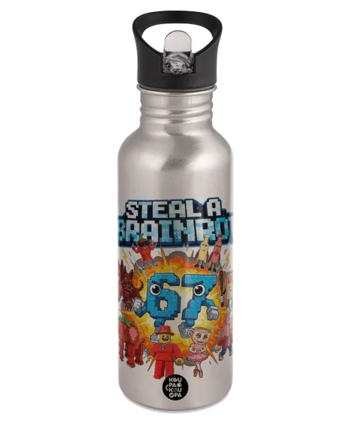 Steal a Brainrot 67 Roblox Style — Water bottle Silver with straw, stainless steel 600ml