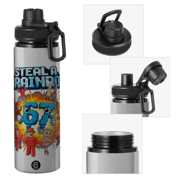 Steal a Brainrot 67 Roblox Style — Metallic water bottle with safety cap, 850ml aluminum