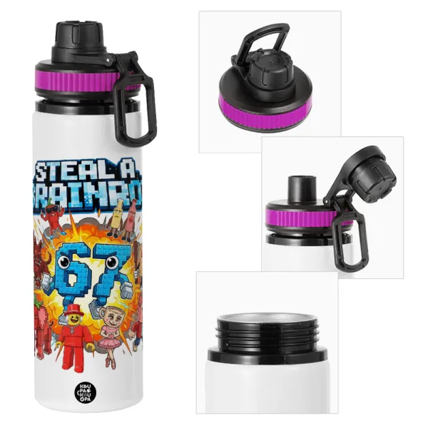 Steal a Brainrot 67 Roblox Style — Metallic water bottle with safety lid, 850ml aluminum