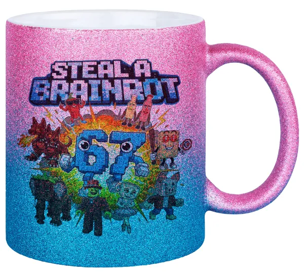 Steal a Brainrot 67 Roblox Style — Gold/blue glitter mug, ceramic, 330ml