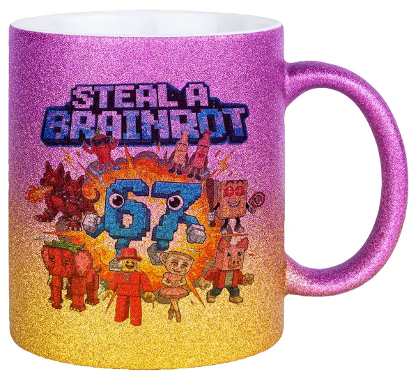 Steal a Brainrot 67 Roblox Style — Gold/pink glitter mug, ceramic, 330ml