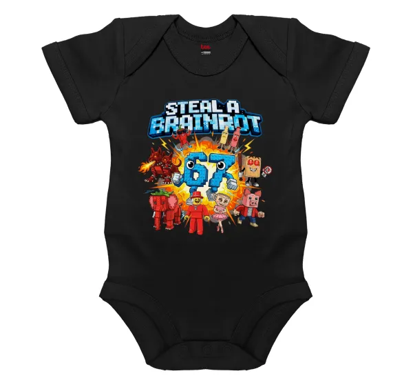 Steal a Brainrot 67 Roblox Style — Βρεφικό φορμάκι μωρού, 0-18 μηνών, ΜΑΥΡΟ, 100% Organic Cotton, κοντομάνικο
