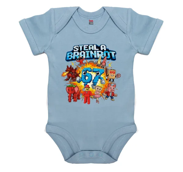 Steal a Brainrot 67 Roblox Style — Short-sleeve baby bodysuit, 0-18 months, blue, 100% organic cotton