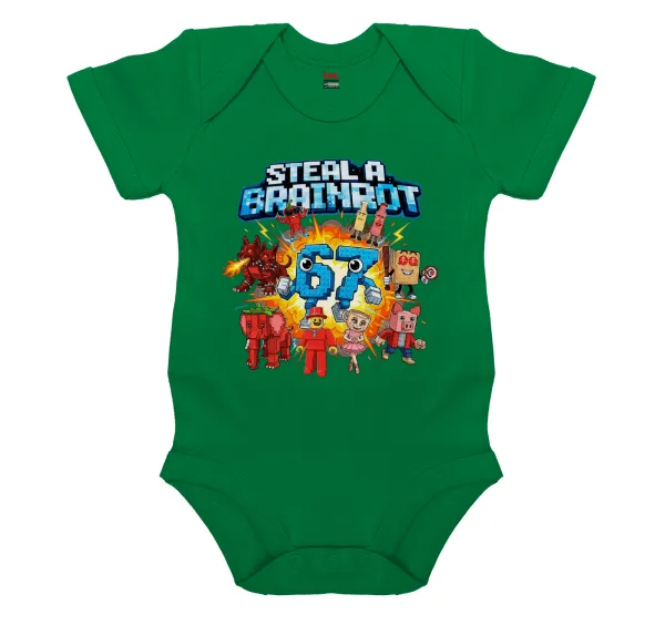 Steal a Brainrot 67 Roblox Style — Short-sleeve baby bodysuit, GREEN, 100% organic cotton