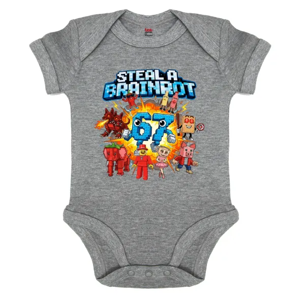 Steal a Brainrot 67 Roblox Style — Βρεφικό φορμάκι μωρού, 0-18 μηνών, ΓΚΡΙ ΜΕΛΑΝΖΕ, 100% Organic Cotton, κοντομάνικο