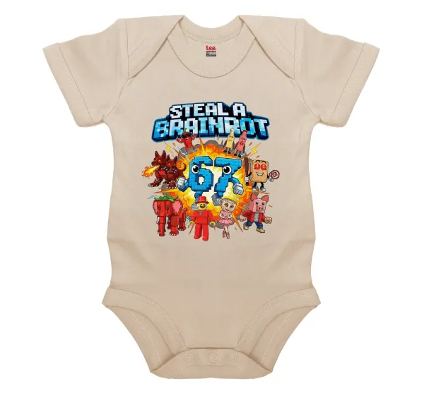 Steal a Brainrot 67 Roblox Style — Βρεφικό φορμάκι μωρού, 0-18 μηνών, Natural, 100% Organic Cotton, κοντομάνικο