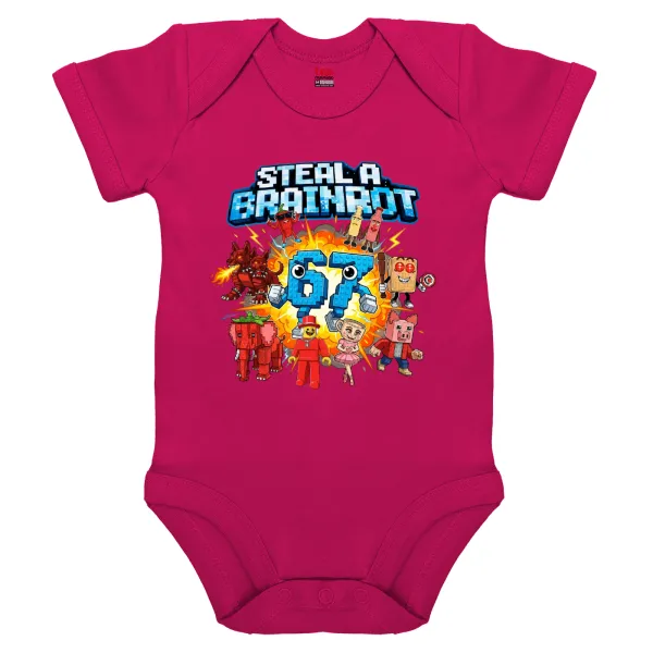 Steal a Brainrot 67 Roblox Style — Short-sleeve baby bodysuit, 0-18 months, PINK, 100% organic cotton