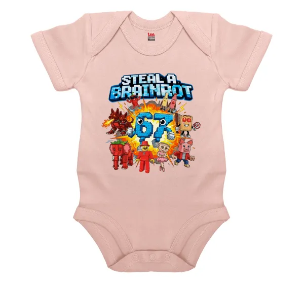 Steal a Brainrot 67 Roblox Style — Short-sleeve baby bodysuit, 0-18 months, POWDER PINK, 100% organic cotton