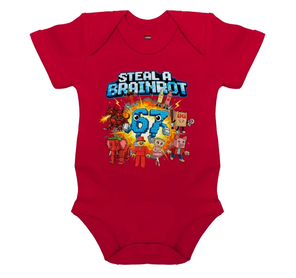 Steal a Brainrot 67 Roblox Style — Short-sleeve baby bodysuit, RED, 100% organic cotton