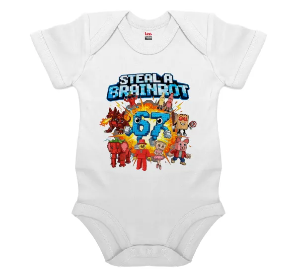Steal a Brainrot 67 Roblox Style — Short-sleeve baby bodysuit, 0-24 months, WHITE, 100% organic cotton
