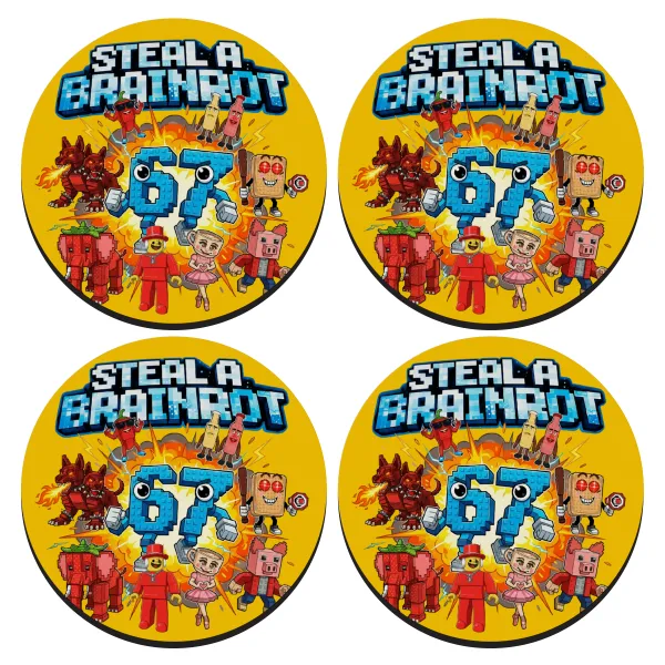 Steal a Brainrot 67 Roblox Style — SET of 4 round wooden coasters (9cm)