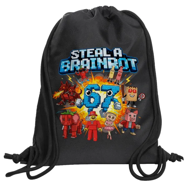 Steal a Brainrot 67 Roblox Style — Τσάντα πλάτης πουγκί GYMBAG Μαύρη, με τσέπη (40x48cm) & χονδρά κορδόνια