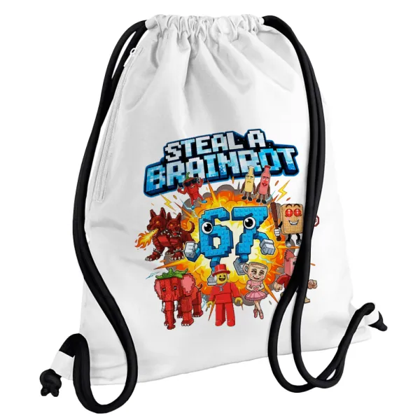 Steal a Brainrot 67 Roblox Style — Backpack pouch GYMBAG white, with pocket (40x48cm) & thick cords
