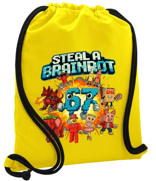 Steal a Brainrot 67 Roblox Style — Backpack pouch GYMBAG Yellow, with pocket (40x48cm) & thick cords