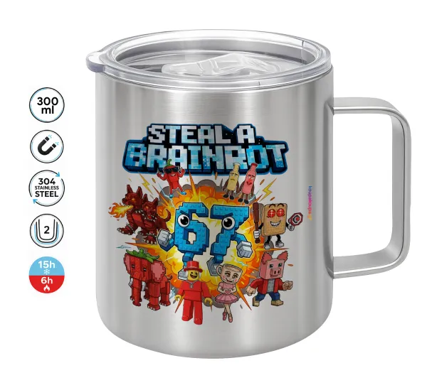 Steal a Brainrot 67 Roblox Style — Double-walled stainless steel mug 300ml with temperature-retaining lid