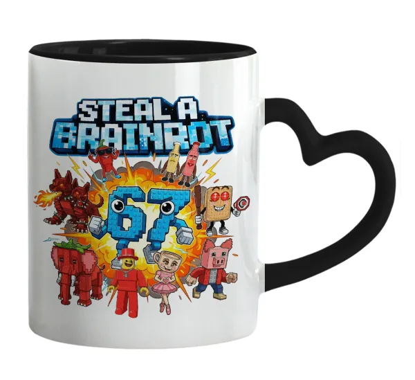 Steal a Brainrot 67 Roblox Style — Mug heart black handle, ceramic, 330ml