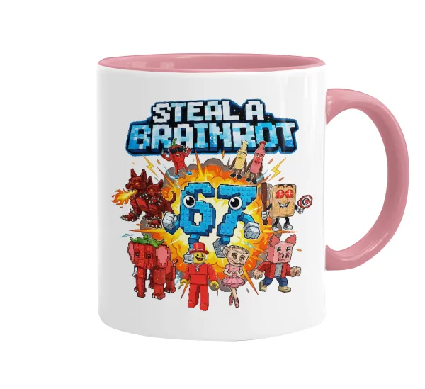 Steal a Brainrot 67 Roblox Style — Κούπα χρωματιστή ροζ, κεραμική, 330ml