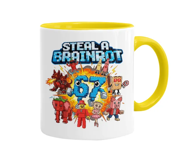 Steal a Brainrot 67 Roblox Style — Mug colored yellow, ceramic, 330ml