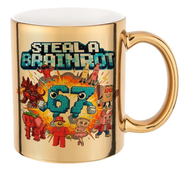 Steal a Brainrot 67 Roblox Style — Mug ceramic, gold mirror, 330ml