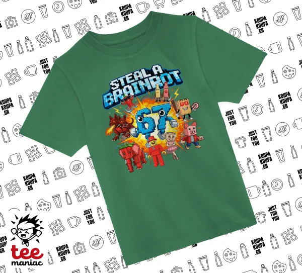 Steal a Brainrot 67 Roblox Style — GREEN childrens T-Shirt made of 100% cotton, for every day. Vegan & OEKO-TEX certified.
