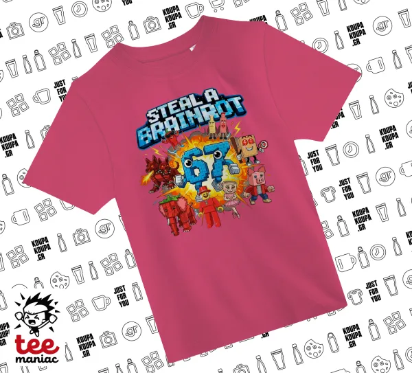 Steal a Brainrot 67 Roblox Style — PINK childrens T-Shirt made of 100% cotton, for every day. Vegan & OEKO-TEX certified.