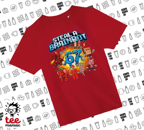 Steal a Brainrot 67 Roblox Style — RED childrens T-Shirt made of 100% cotton, for every day. Vegan & OEKO-TEX certified.