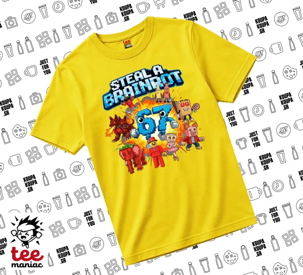 Steal a Brainrot 67 Roblox Style — Κίτρινο Άνετο παιδικό T-Shirt από 100% βαμβάκι, για κάθε μέρα. Vegan & OEKO-TEX πιστοποιημένο.