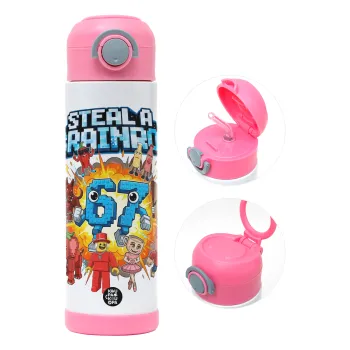 Steal a Brainrot 67 Roblox Style, Παιδικό παγούρι θερμό, ανοξείδωτο, με καλαμάκι ασφαλείας, ΡΟΖ (500ml)