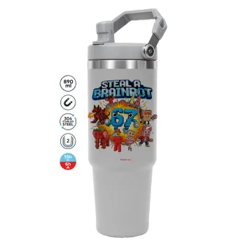 Steal a Brainrot 67 Roblox Style, ΓΚΡΙ χρώματος Θερμός Ανοξείδωτο 890ml (30oz) με χερούλι