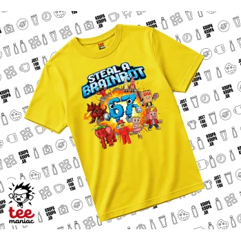 Steal a Brainrot 67 Roblox Style, yellow childrens T-Shirt made of 100% cotton, for every day. Vegan & OEKO-TEX certified.